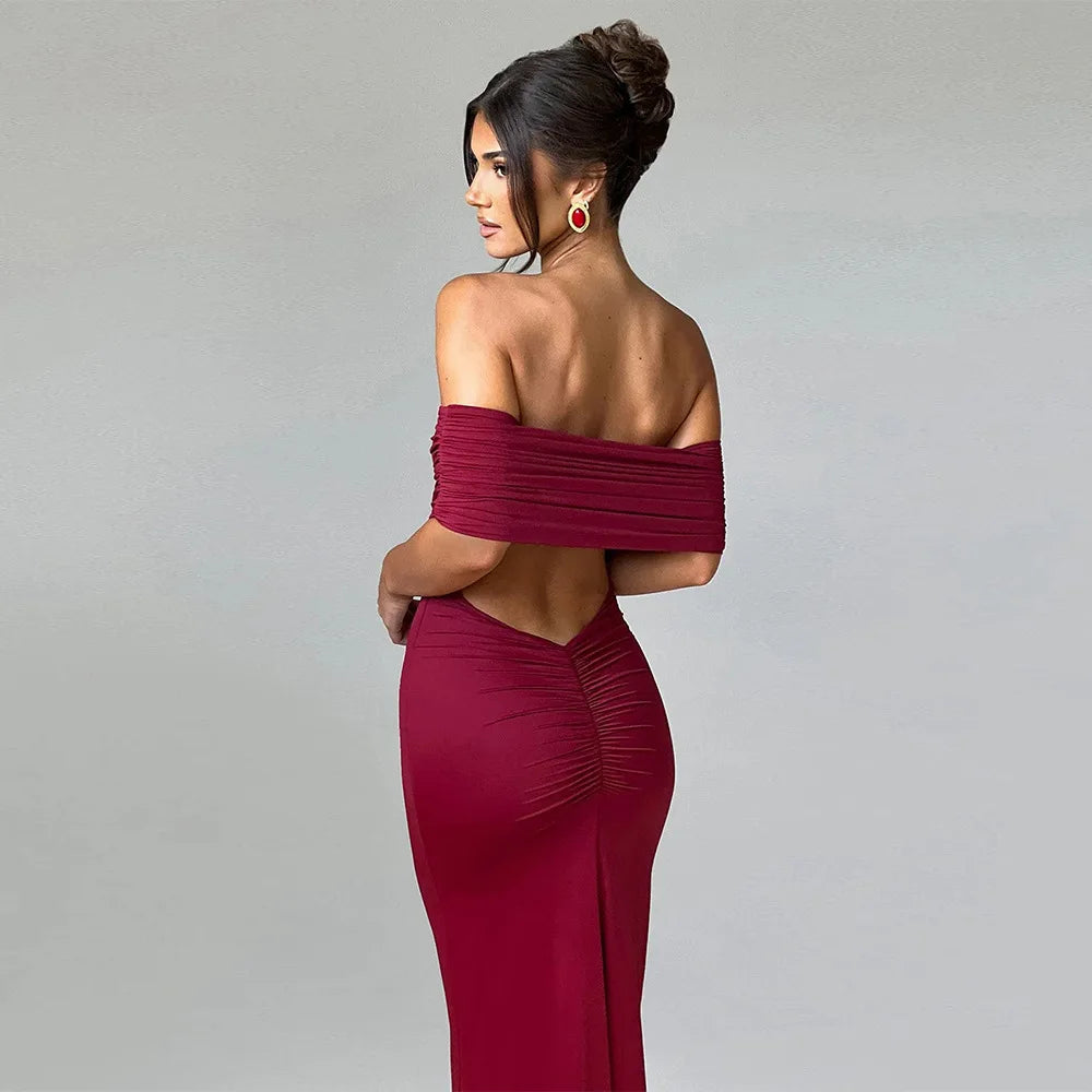 Ladies Summer Off Shoulder Fashion Evening Party Dresses For Women Strapless Backless Ruched Maxi Dress Birthday Clubwear Outfit