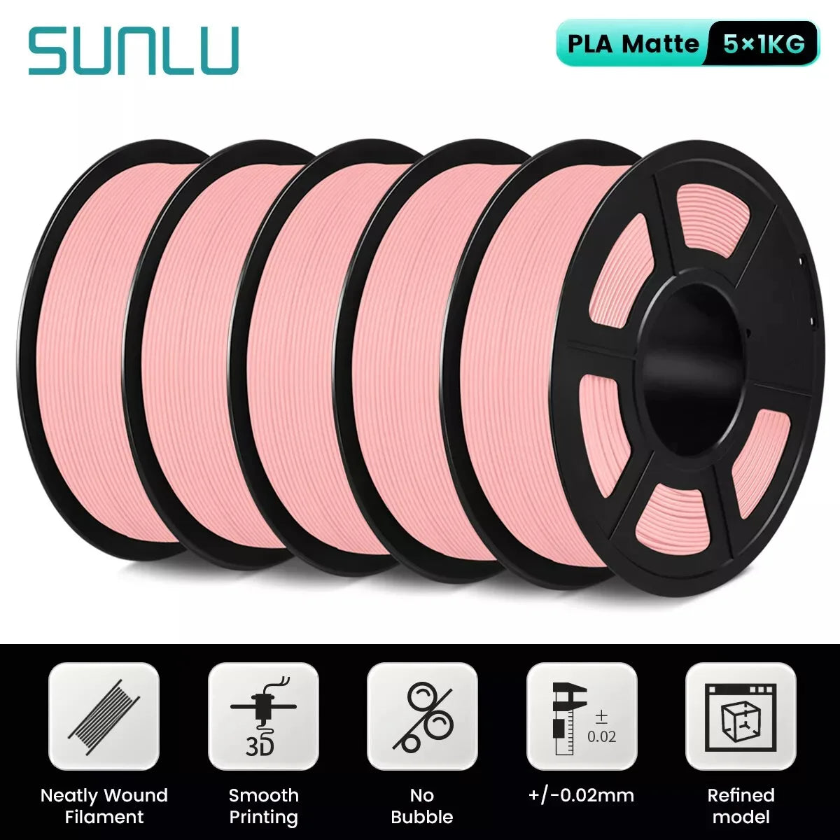 SUNLU 5Roll PLA Matte Filament 1.75mm 1kg Spool (2.2lbs) Smooth Matte Finish Neatly Wound Filament Fit Most FDM Printer