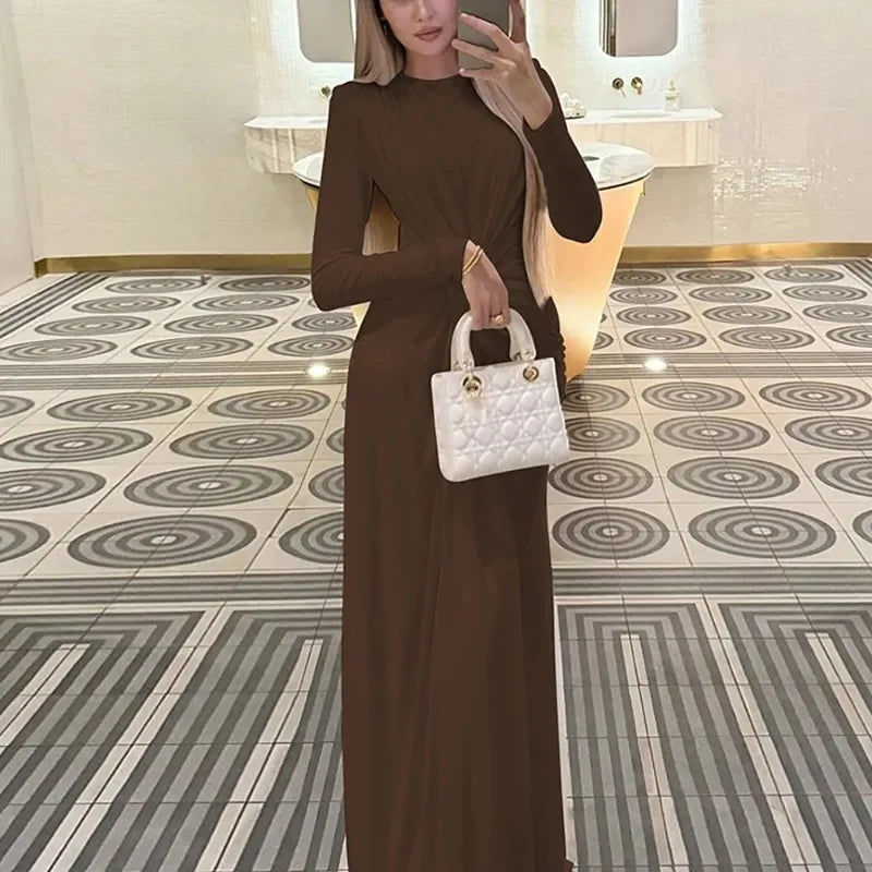 Elegant High Waist Pleated Maxi Dress Women's New Solid O Neck Long Sleeve Slim Dress Luxury Party Evening Gown Robe