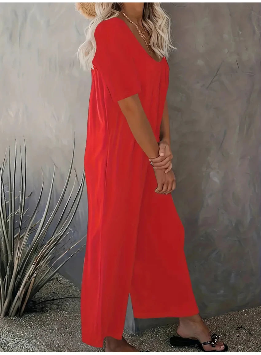 Plus Size 0XL-5XL Summer Rompers Overalls Women's Solid Color Jumpsuit with Pockets Casual Fashion Short Sleeve Jumpsuits