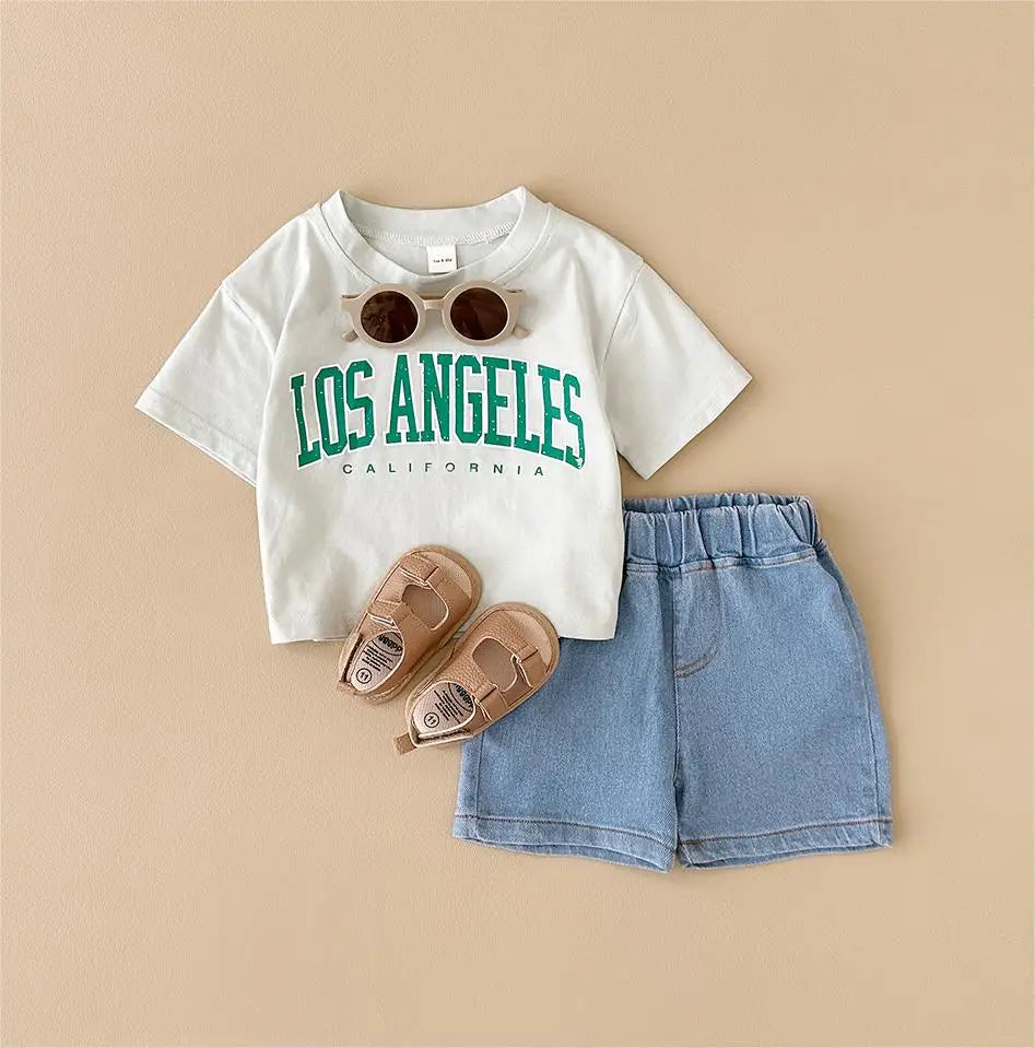 Summer New Baby Clothes Infant Letter Printing Top+Denim shorts Set Baby Boys Girls Casual Baby Set Newborn Baby Clothes 2Pcs