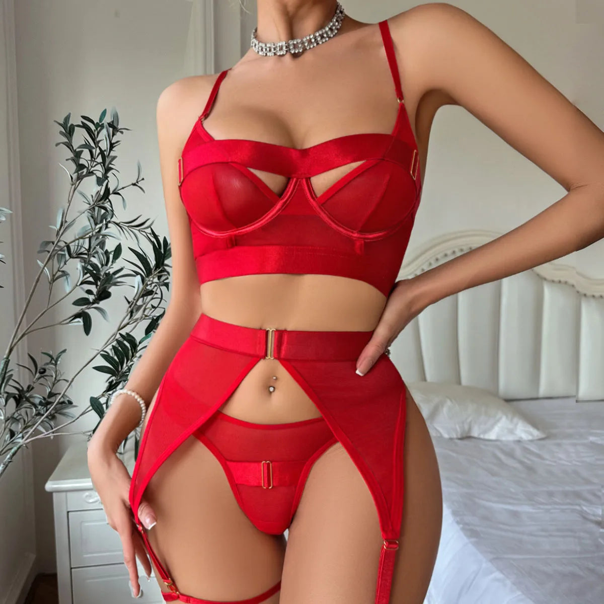 MUZISKAT 2025 New Women's Sexy Underwear Complex Craftsmanship Perspective Mesh Hollow Body Shaping Erotic Four Piece Set