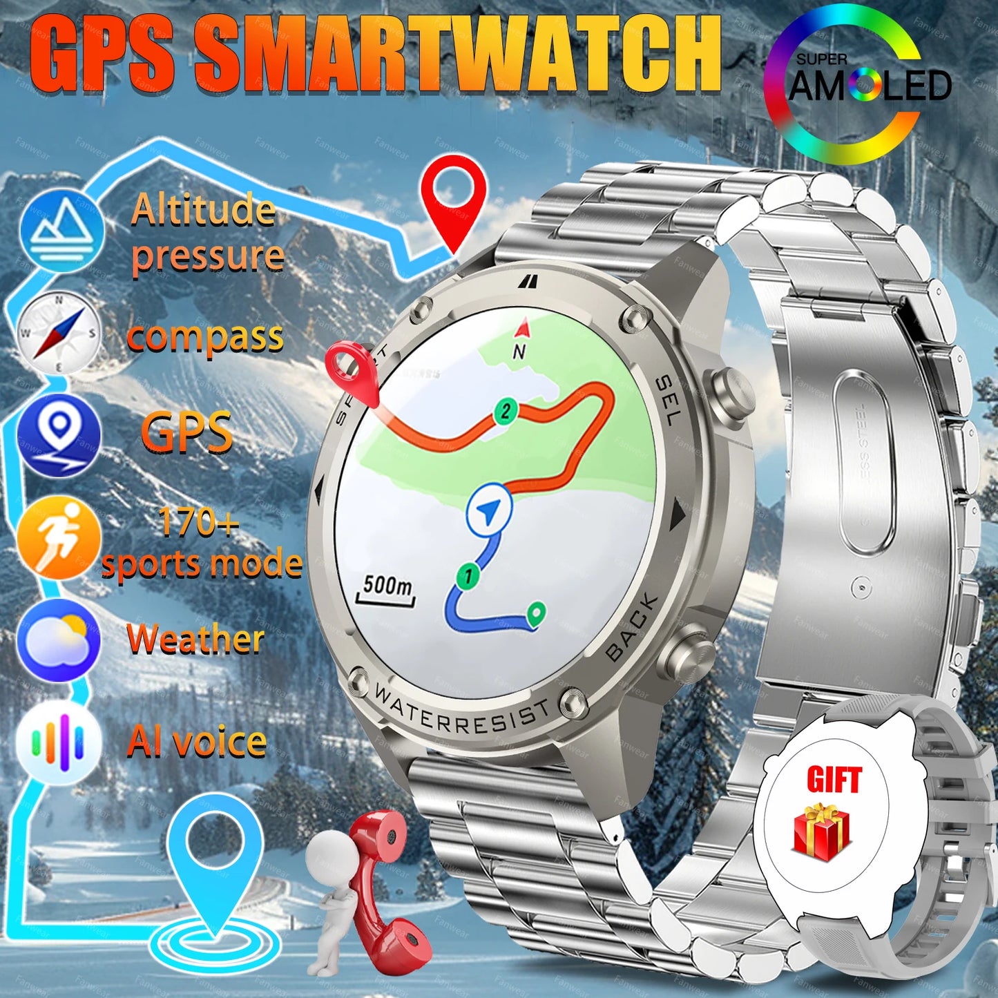 Fanwear T-Rex 3 GPS outdoor sports smart watch, 5ATM swimming smart watch, compass, barometric altitude, Bluetooth call, Valenti