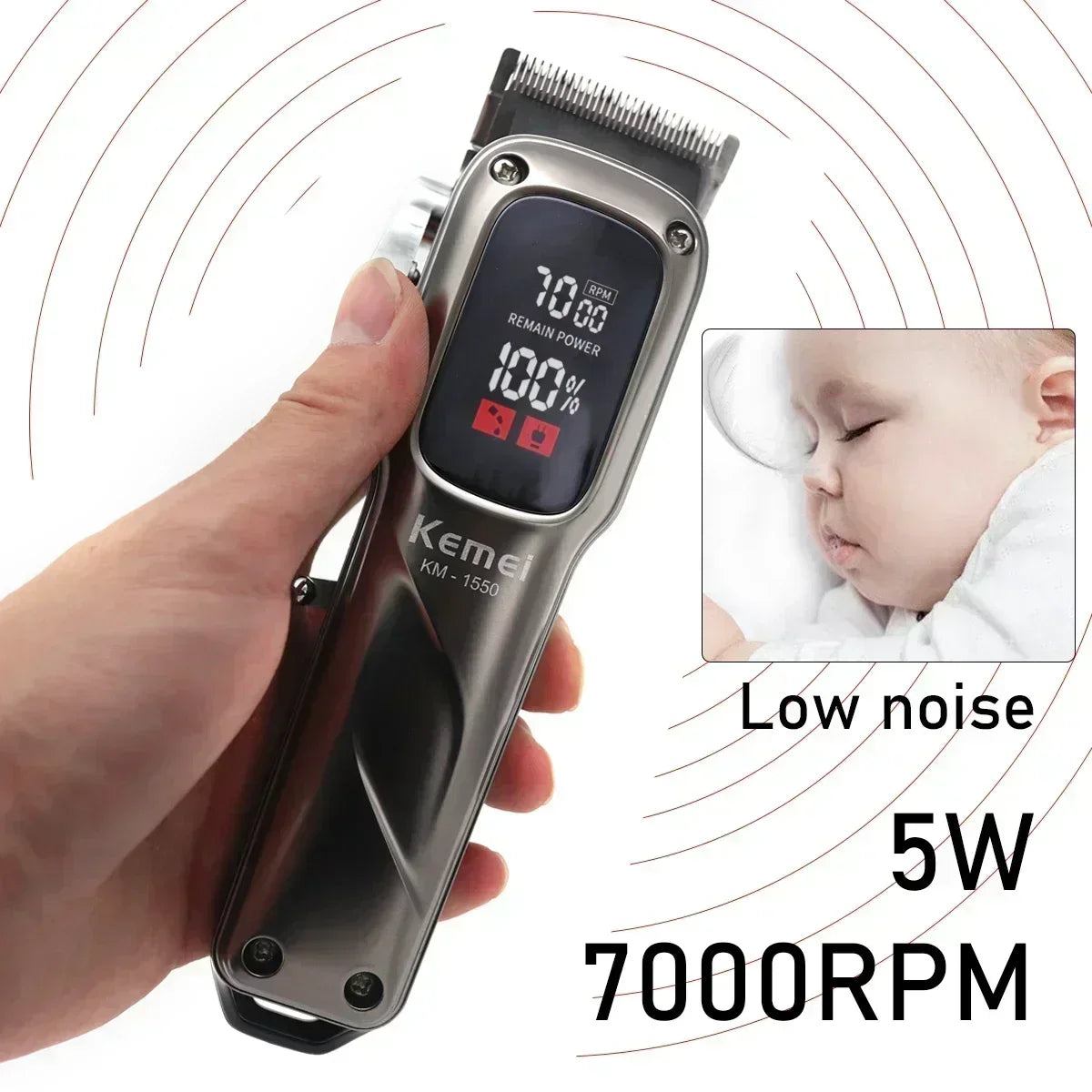 KEMEI Km-1550 Professional Hair Clipper for Men LED Display Low Noise Cordless USB Interface Hair Cutting Machine Hair Trimmer