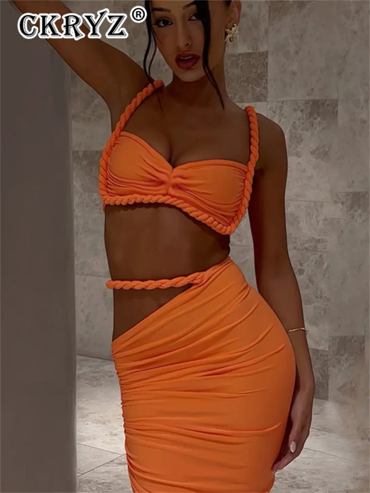 Ladies Summer Party 2 Piece Skirt Set Women Sleeveless Backless Crop Top Long Skirts Matching Sets Club Streetwear Woman Clothes