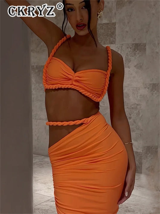 Ladies Summer Party 2 Piece Skirt Set Women Sleeveless Backless Crop Top Long Skirts Matching Sets Club Streetwear Woman Clothes