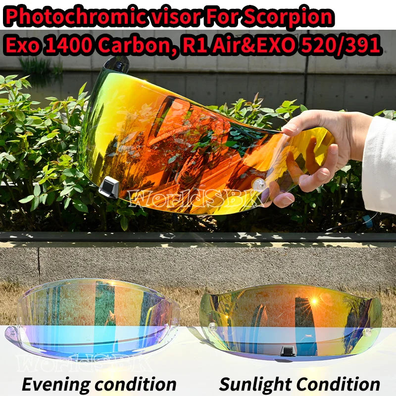 Helmets Visor For Scorpion Exo 1400 Carbon, R1 & EXO 520 391 Motorcycle Helmet Lens Visor Plating Uv Protection Lens Faceshield