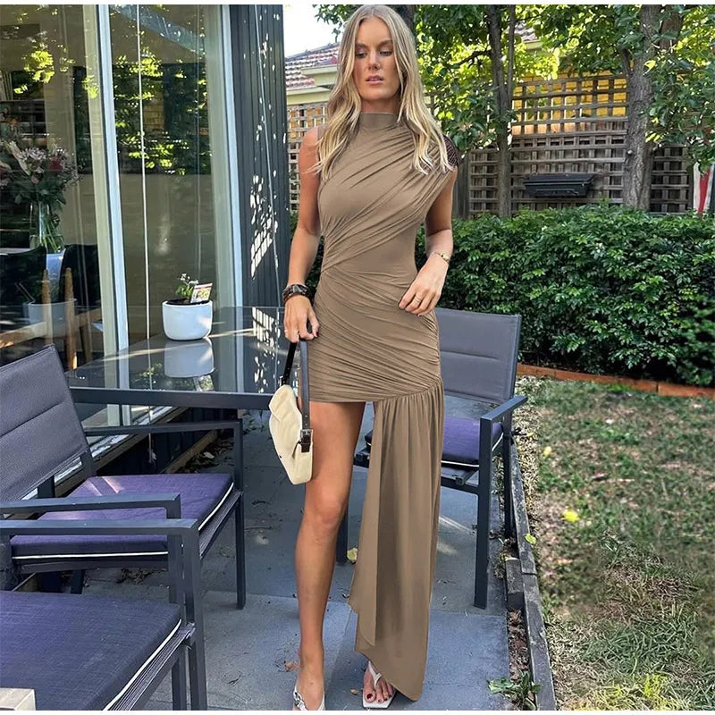Elegant Women Pleated Irregular Patchwork Maxi Dress Chic Long Sleeve High Neack Dresses 2025 Summer Turtleneck Party Prom Gowns