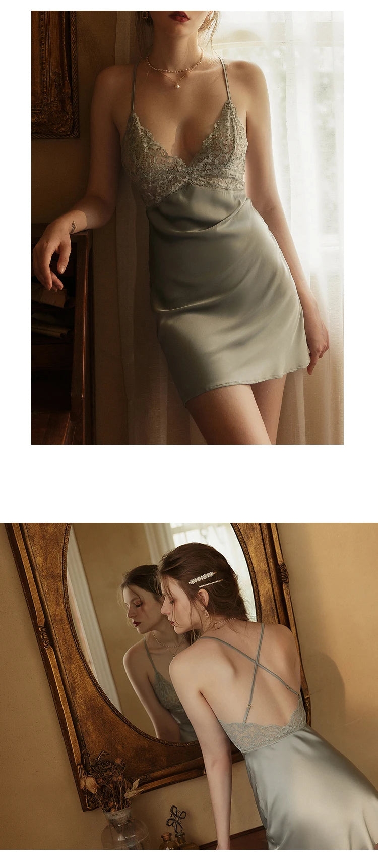 with Chest Pad Sleepwear Dress Backless Strap Nightgowns Lace Hot Temptation Vintage Nightgowns V-neck Nightwear Silk Homewear