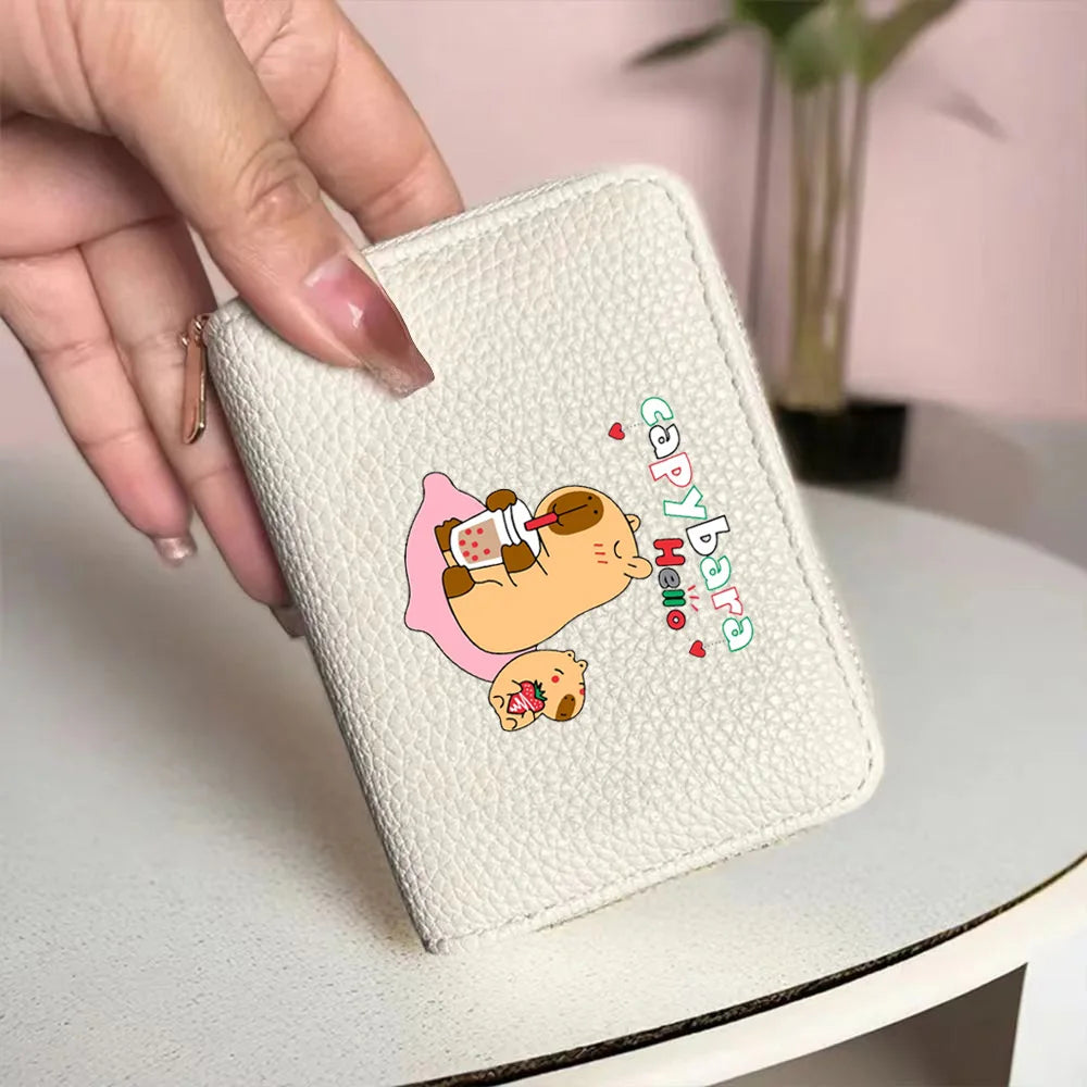 Capybara Ladies' Printed Cute Coin Wallet, PU Leather ID Card Bank Card Zipper Card Wallet, Suitable for Women's Daily Use