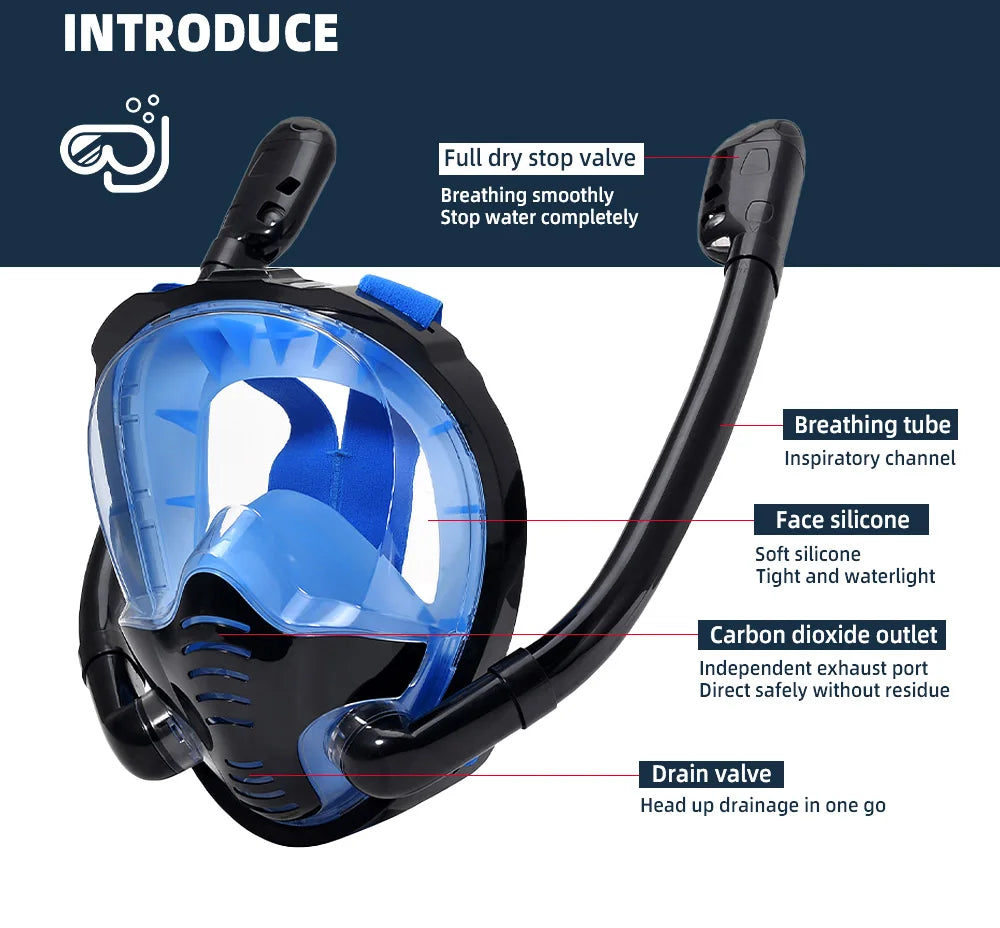 Full Face Snorkel Mask 180°Panoramic View Silicone Dry Top Snorkeling Diving Swimming Goggles With 2 Snorkels Anti-Fog Anti-Lea