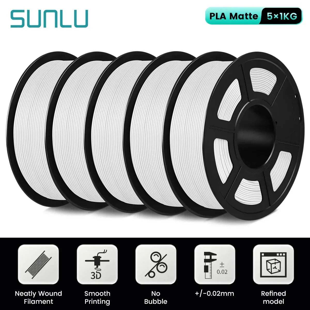 SUNLU 5Roll PLA Matte Filament 1.75mm 1kg Spool (2.2lbs) Smooth Matte Finish Neatly Wound Filament Fit Most FDM Printer