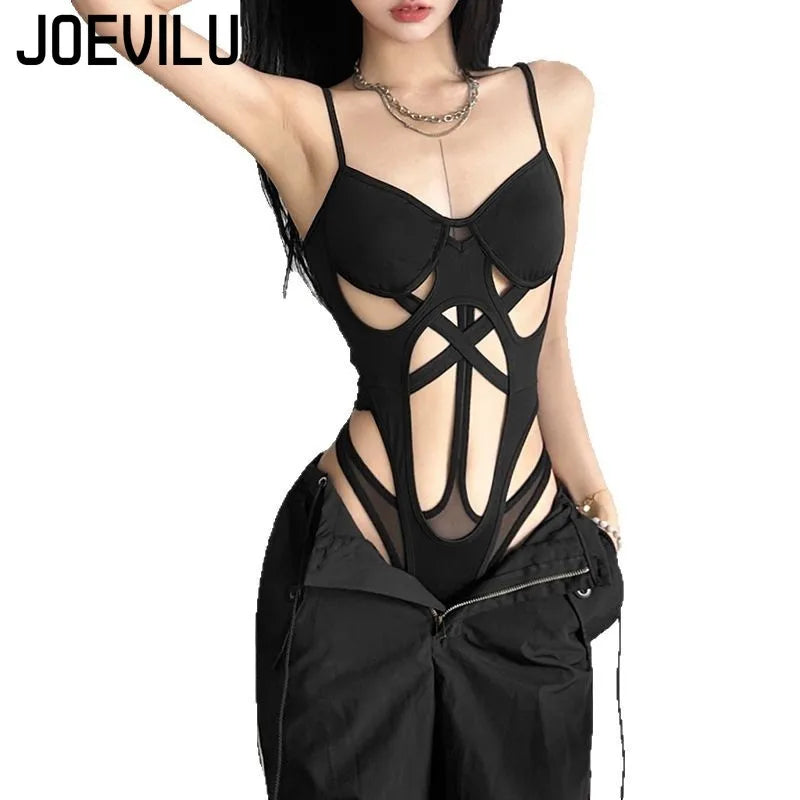 Sexy Women Bodysuit Cut Out Bodycon Jumpsuit Strap Cami Y2K Pure Aesthetic Tops Summer Sleeveless Solid Color Crop Outfit Tee