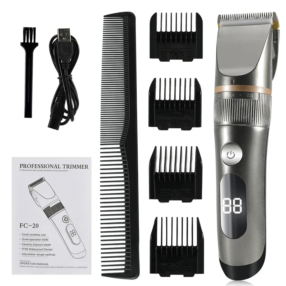 Professional Hair Clipper Electric Men's Trimmer Rechargeable Hair Cutting Machine LCD Display Head Trimmer 2 Gears