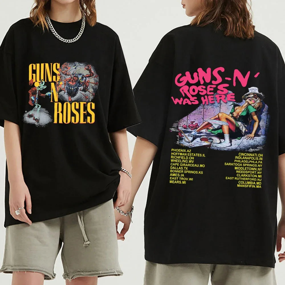 Vintage Gun N Rose Rock Band T-Shirt Here 1980 Tour T-Shirt Casual Ladies Y2K Hip Hop Streetwear Short Sleeve T-Shirt Top