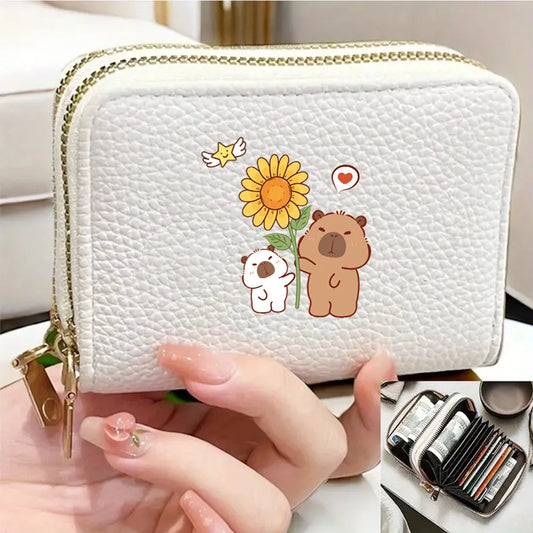 PU Leather Zipper Credit Card Holder, Cartoon Print Fashionable And Compact Women's Coin Purse, Suitable For Women's Daily Use