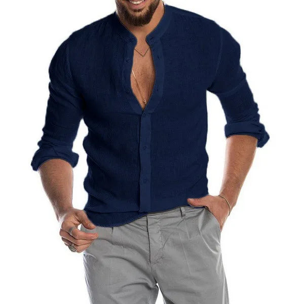 2023 New Men's Solid Color Linen Long Sleeve Shirt Stand Collar Cardigan Long Sleeve Loose Men's Shirt
