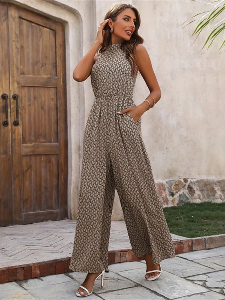 Elegant Office Print Jumpsuit Female Fashion O Neck Sleeveless High Waist Wide Leg Pants Jumpsuits For Women Summer Clothes New