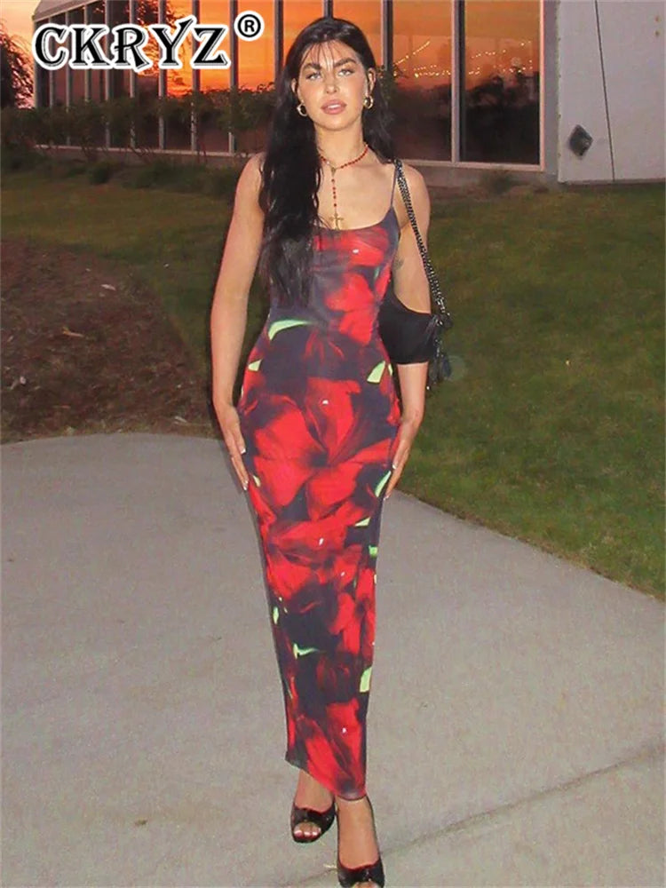 Ladies Summer Floral Print New Fashion Birthday Party Dress Women Sleeveless Backless Sexy Bodycon Maxi Dresses Club Streetwear