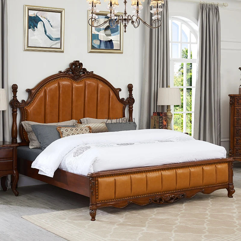 European leather solid wood bed log carved bed large apartment double master bedroom big bed