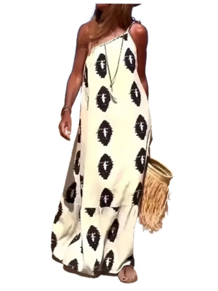 Women's Sleeveless Sloping Shoulder Dress Bohemian Printed Loose Dress Summer Sexy Party Dresses