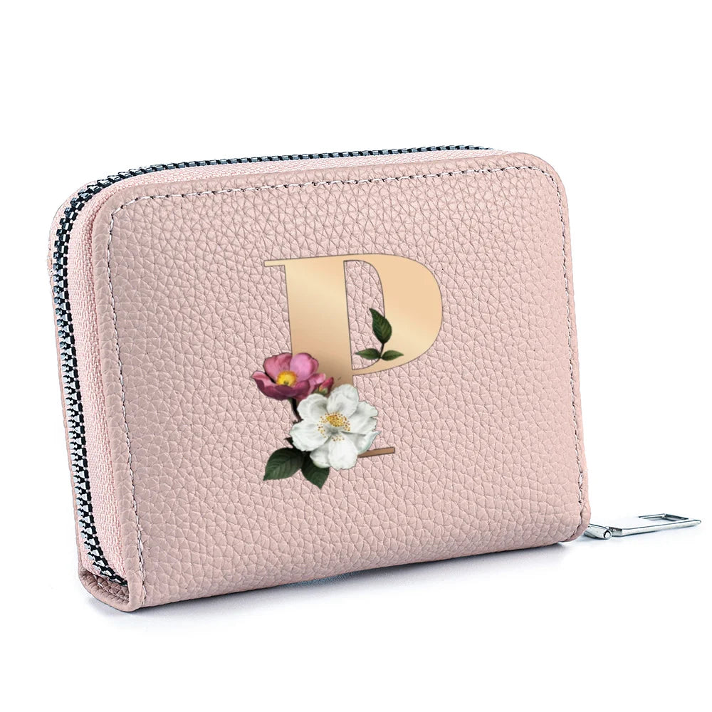 Fashionable Multi Functional 26-Letter Printed Pink Zipper Coin Purse And Credit Card Holder For Women