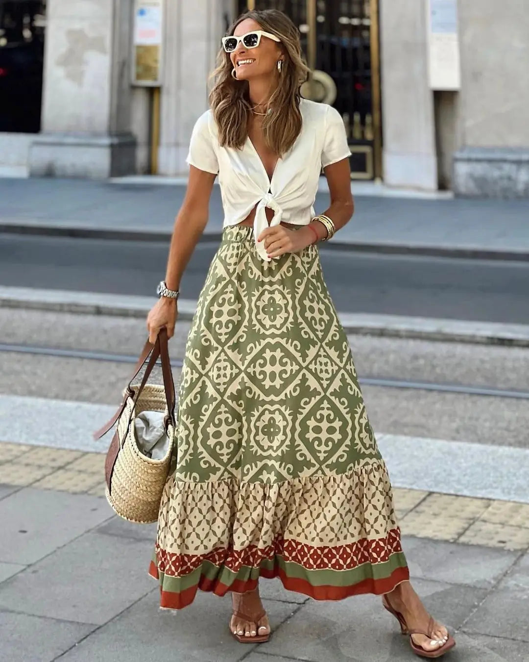 European and American foreign trade skirt independent station summer new printed loose stitching large swing skirt f