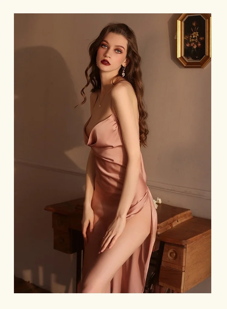 Sexy Backless Ice Silk Halter V Neck Dress Pajamas Short Skirt Home Wear Women Silk Nightgowns Home Clothes
