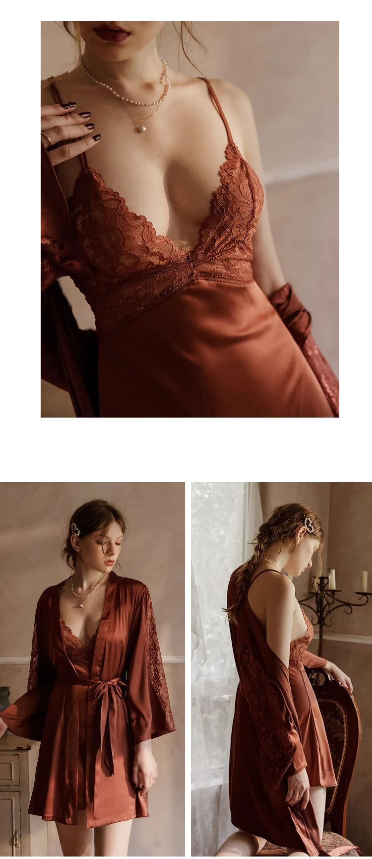 with Chest Pad Sleepwear Dress Backless Strap Nightgowns Lace Hot Temptation Vintage Nightgowns V-neck Nightwear Silk Homewear