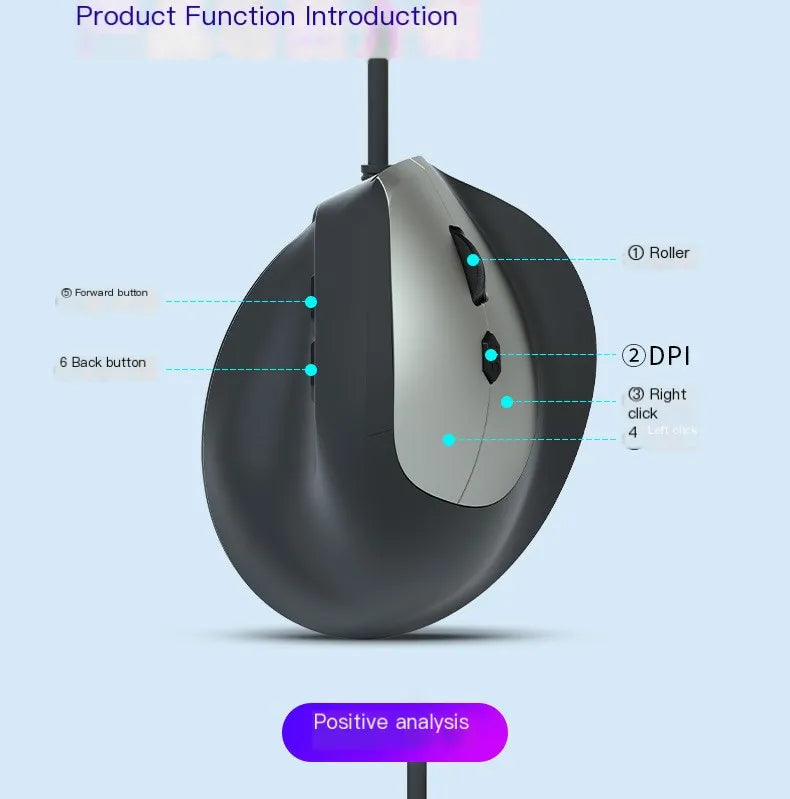 Wired Vertical Mouse Low Noise Button Ergonomics Design 3600 DPI Adjustable With Finger Support Mause Office Use Or Play Game