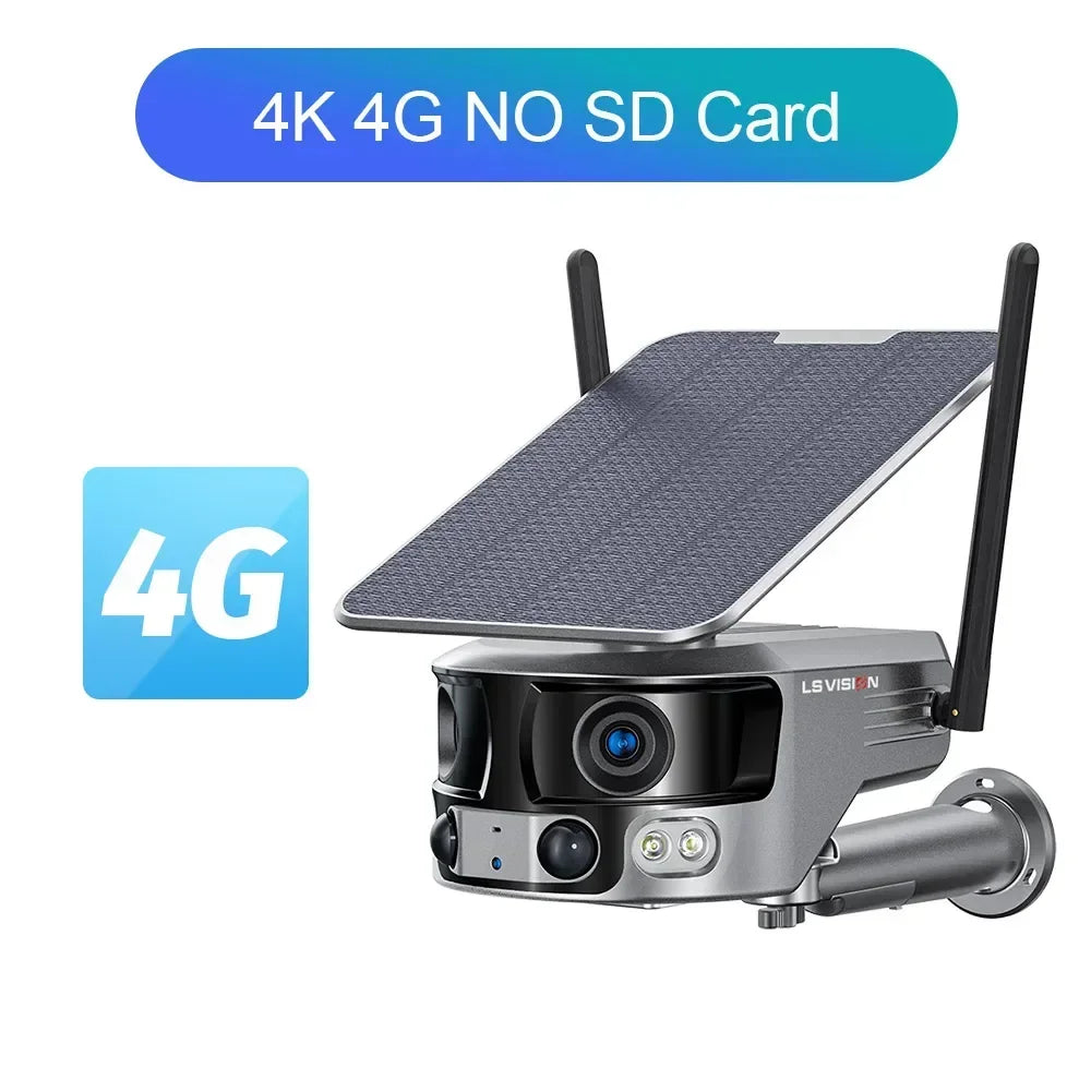 LS VISION 8MP 4G Solar Security Camera Outdoor WIFI 180° Ultra Wide View Angle 4X Zoom Dual Lens PIR Human Detection CCTV Camera
