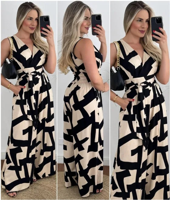Autumn Women's Fashionable And Casual Jumpsuit Color Matching Deep V-waist Tied Sleeveless Mid Waist Straight Jumpsuit Women