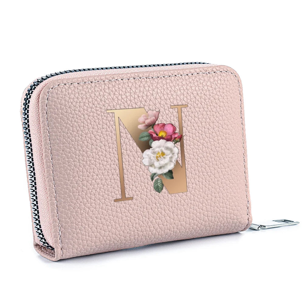 Fashionable Multi Functional 26-Letter Printed Pink Zipper Coin Purse And Credit Card Holder For Women