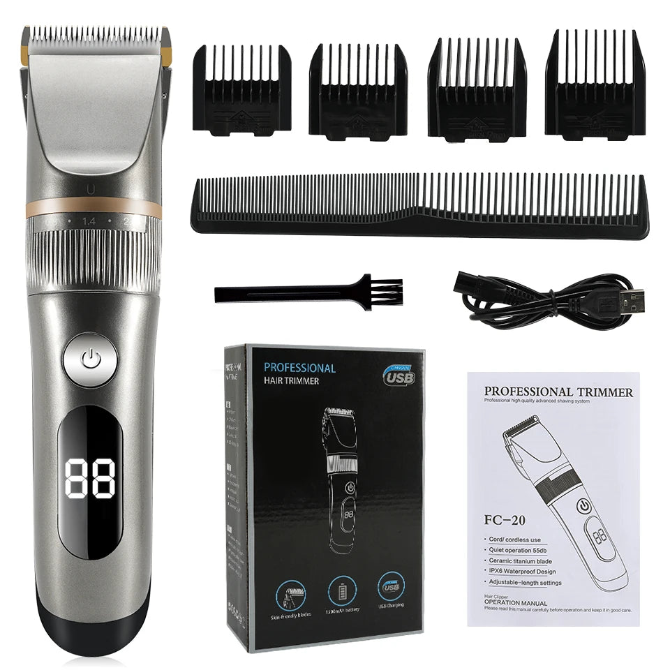 Professional Hair Clipper Electric Men's Trimmer Rechargeable Hair Cutting Machine LCD Display Head Trimmer 2 Gears