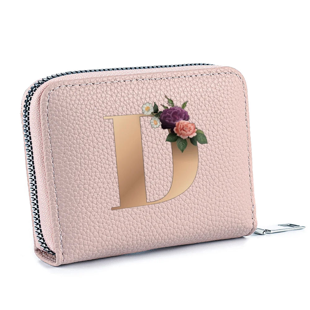 Fashionable Multi Functional 26-Letter Printed Pink Zipper Coin Purse And Credit Card Holder For Women