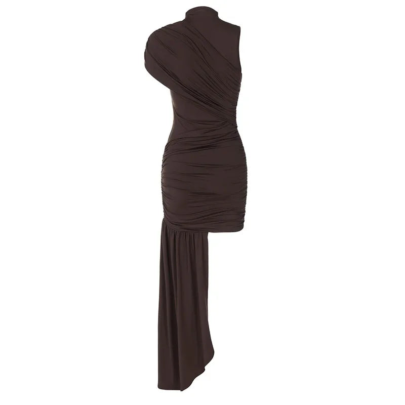 Elegant Women Pleated Irregular Patchwork Maxi Dress Chic Long Sleeve High Neack Dresses 2025 Summer Turtleneck Party Prom Gowns