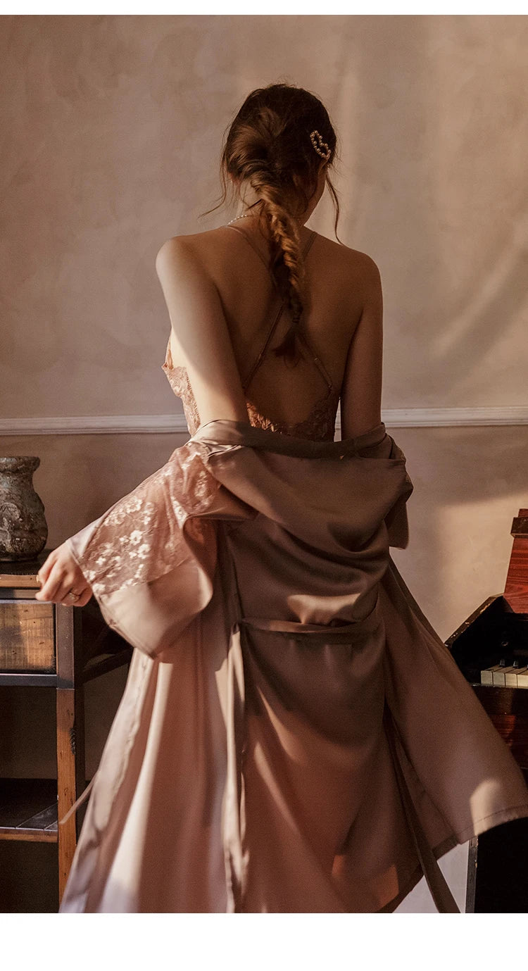 with Chest Pad Sleepwear Dress Backless Strap Nightgowns Lace Hot Temptation Vintage Nightgowns V-neck Nightwear Silk Homewear