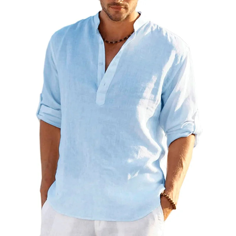 2023 New Men's Linen Long Sleeve T-Shirt Solid Color Loose Casual T-Shirt Long Sleeve Cotton Linen Shirt S-5XL