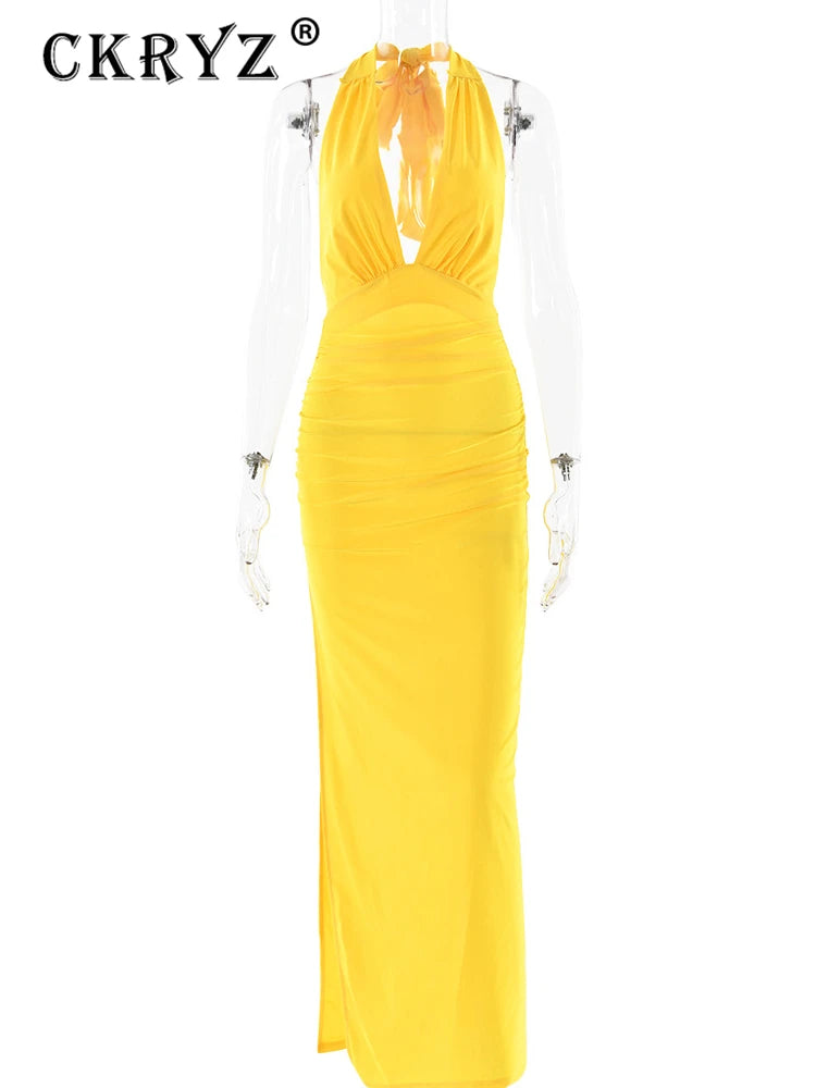 Ladies Summer Fashion Evening Party Dress Women Backless Deep V-Neck Halter Sexy Long Dresses Woman Clothes Birthday Clubwear