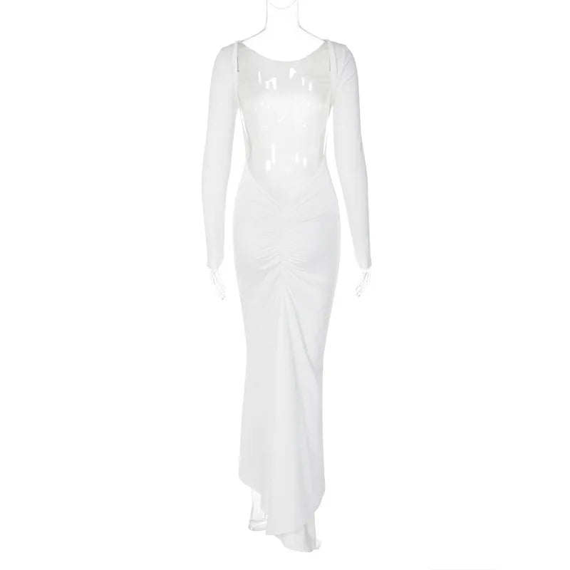 Ladies Autumn Elegant Evening Party Dress Women Long Sleeve Backless Ruched Fashion Long Dresses Woman Clothes Birthday Clubwear