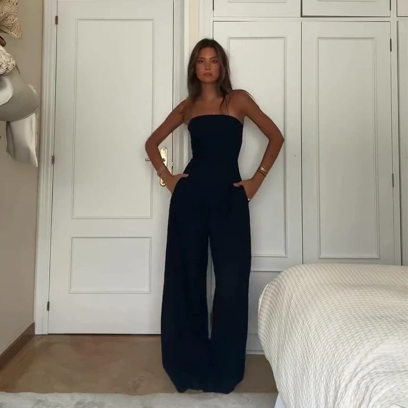 Sexy Backless Women's Jumpsuits Solid Off Shoulder Waist Cinching Pockets Wide Leg Pants Lady Bodysuit Summer Female Outwears