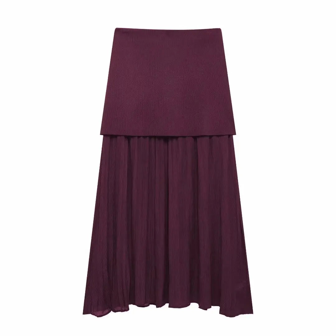TRAFZA 2025 Women Skirt Set Wine Red Knitted V-Neck Sleeveless Slim Vest +Solid High Waist Zipper Patchwork Long Skirt Street