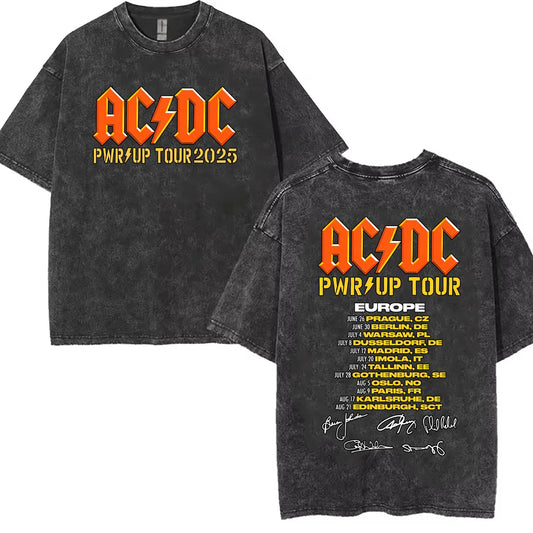 2025 retro old heavy cotton solid color Ac Power Up Dc 2025 music short-sleeved summer loose top tide washed T-shirt