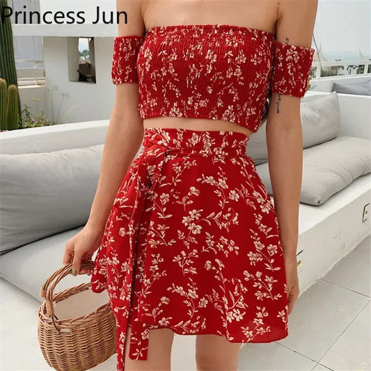 Summer Floral Fashion 2 Piece Sets Women Slash Neck Off Shoulder Shirt Crop Top&High Waist Mini Skirt Small Girl 2pc Dress Suits