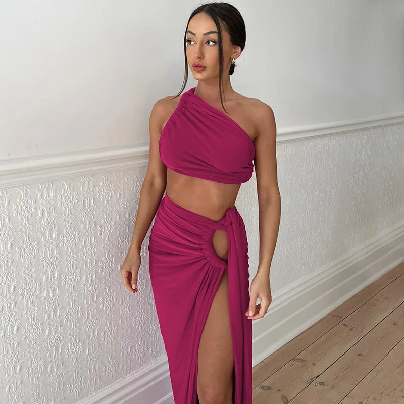 Ladies Summer 2 Pieces Set Women Sleeveless Backless Strap Spit Crop Top Side Slit Slim Long Skirt Evening Party Club Streetwear
