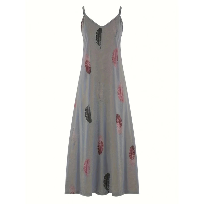8Colour All-Season Chic Feather Print Maxi Dress Casual V-Neck Comfort Stretch Easy Care