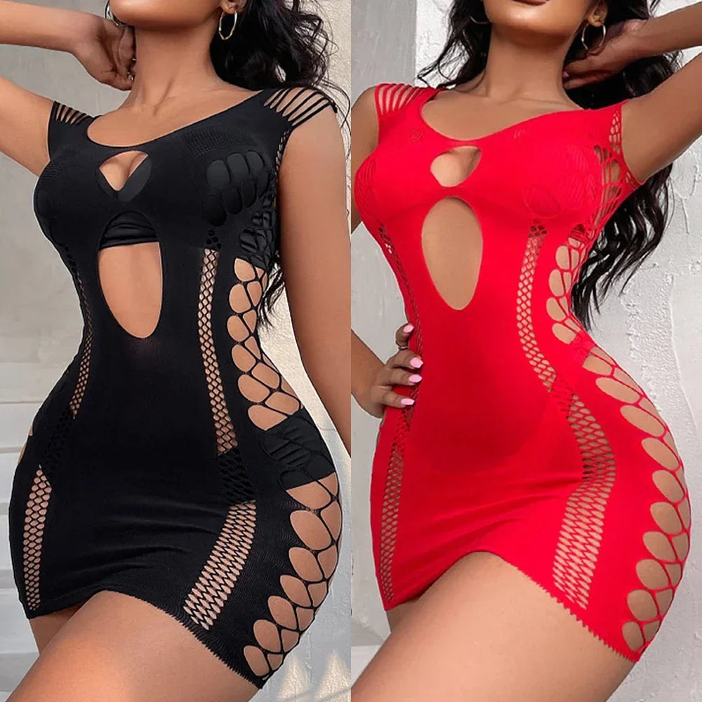 Sexy Women Bodycon Mini Dress Fishnet See Through  Nightwear Clubwear