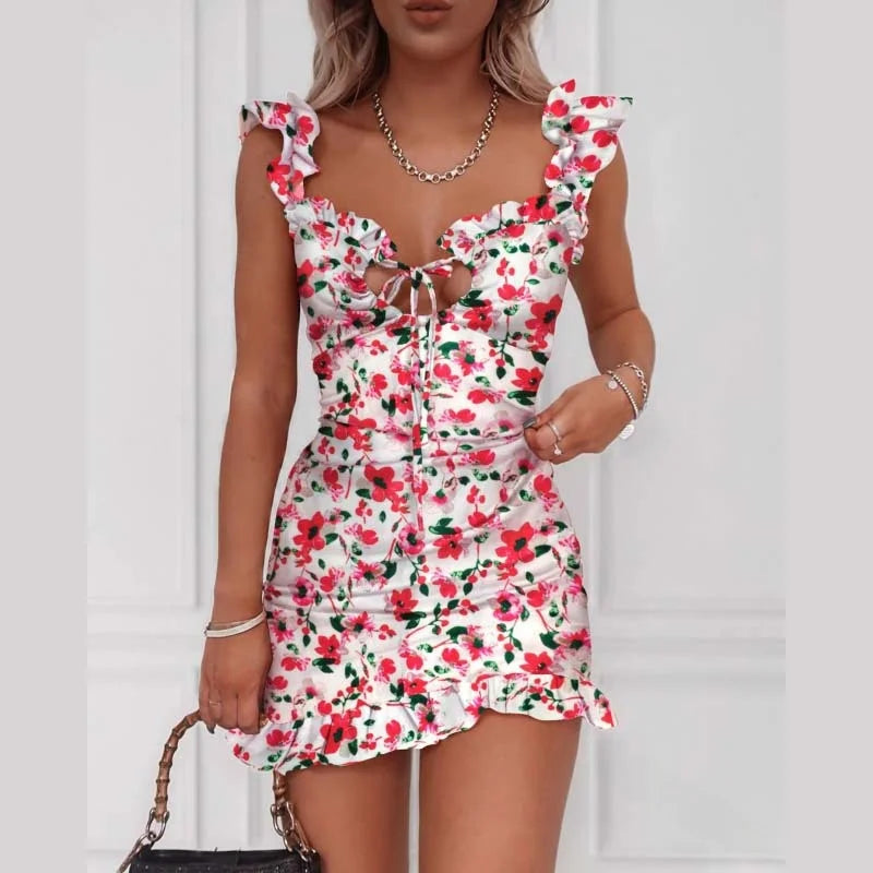 Floral Print ort Dr Women's Faion  Skirt Sle High Waist No Sve Floral ter Ne Gown Spring Season Polyeste...