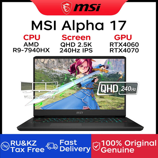MSI Alpha 17 Gaming Laptop 17.3 Inch QHD 2.5K 240Hz IPS Screen Notebook AMD Ryzen R9-7940HX 64GB 4TB RTX4060 Gaming Computer PC