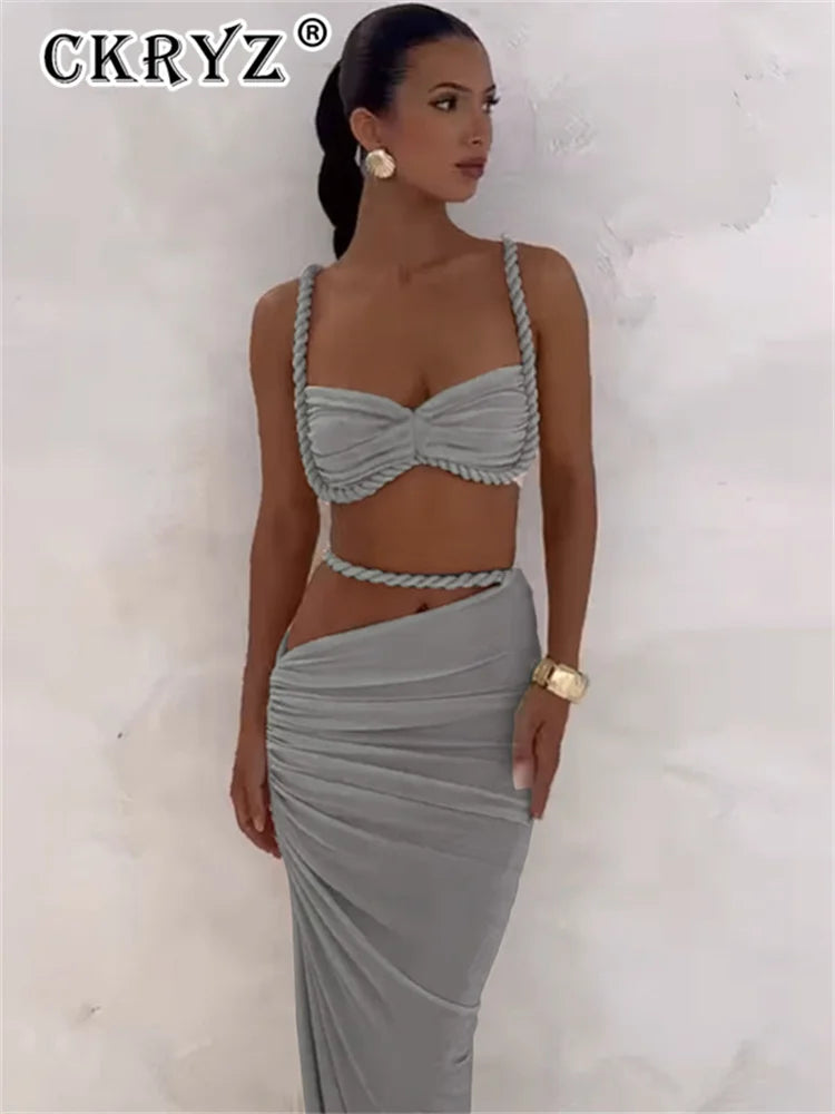 Ladies Summer Party 2 Piece Skirt Set Women Sleeveless Backless Crop Top Long Skirts Matching Sets Club Streetwear Woman Clothes